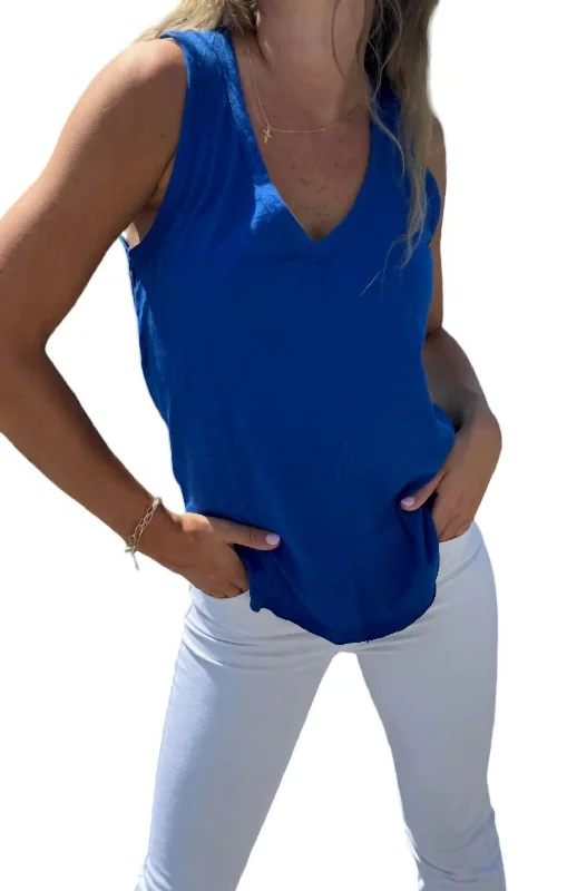 V Neck Tank With Center Front Seam In Cerulean