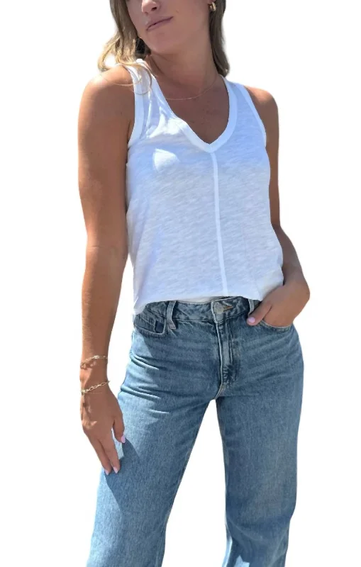 V Neck Tank With Center Front Seam In White