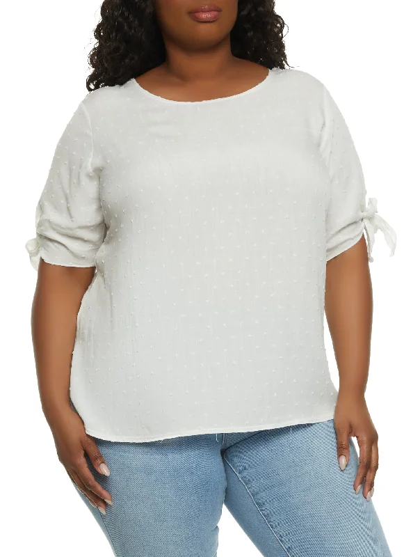 Plus Size Swiss Dot Tie Sleeve Blouse