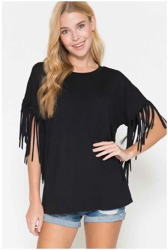 SALE!! 77 SSS-F {Flirty in Fringe} Black Tunic W/Fringe Sleeves PLUS SIZE 1X 2X 3X