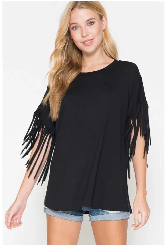 SALE!! 77 SSS-F {Flirty in Fringe} Black Tunic W/Fringe Sleeves PLUS SIZE 1X 2X 3X