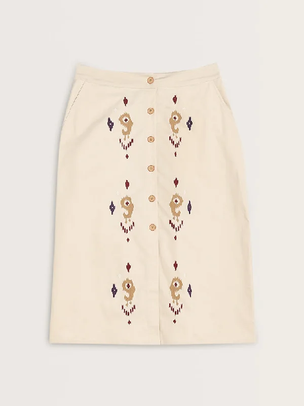 Bombay Paisley Light Beige Embroidered Cotton Blend Skirt