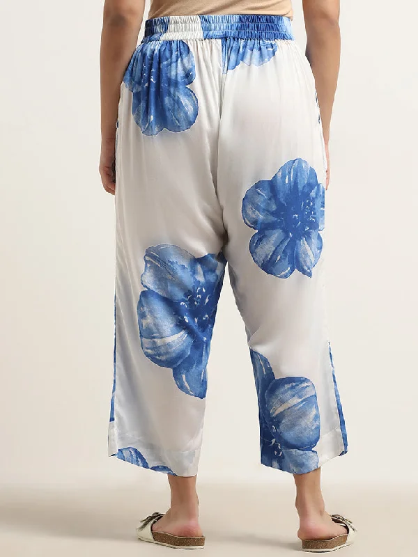 Diza Blue Floral Printed High-Rise Palazzos