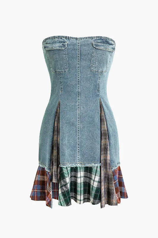 Patchwork Zipper Strapless Denim Dress