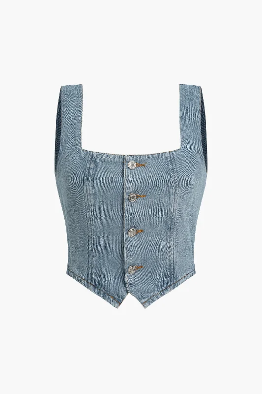 Solid Button Up Denim Crop Tank Top