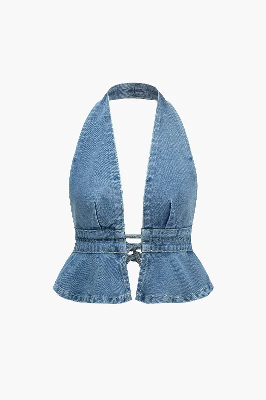 Solid Denim Tie-Up Backless Tank Top