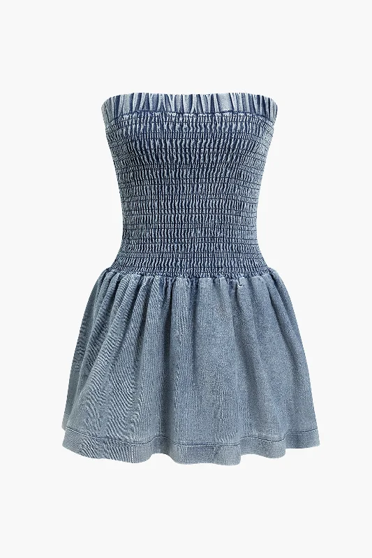 Solid Denim Shirred Strapless Ruched Mini Dress