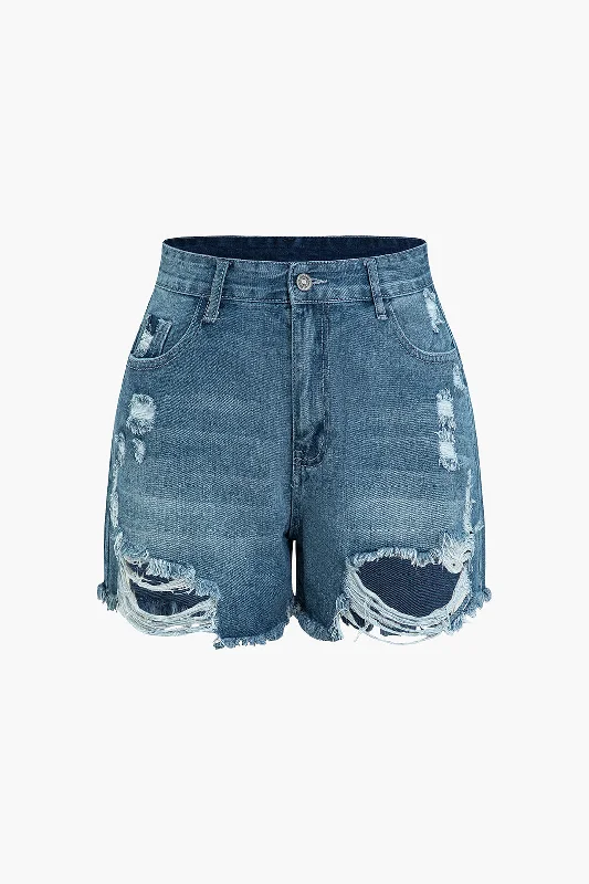 Distressed Frayed Tassel Ripped Denim Shorts