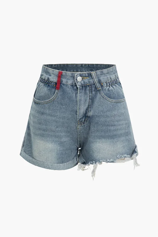 Color Block Washed Denim Shorts