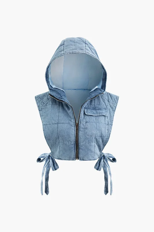 Quilted Knot Side Zipper Hooded Denim Vest