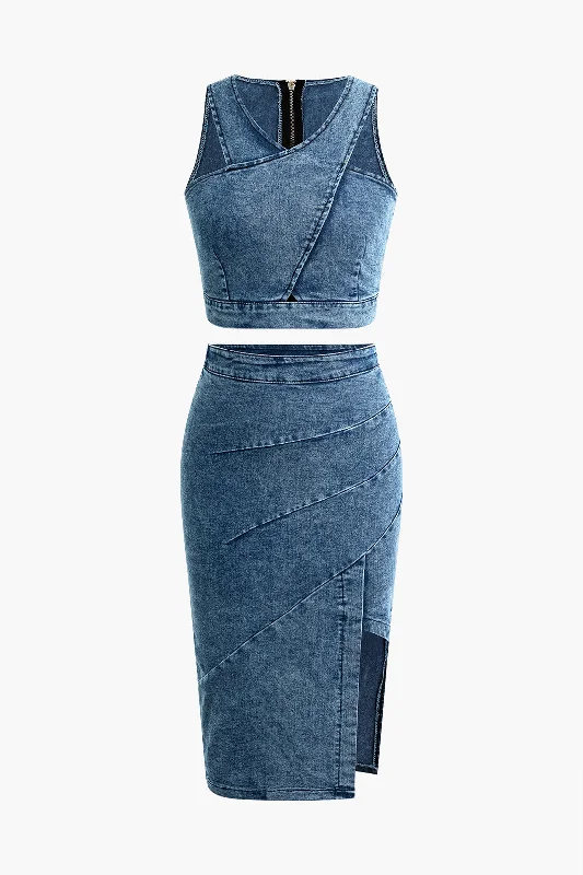 Denim Zipper Crop Tank Top And Pencil Split Skirt Set