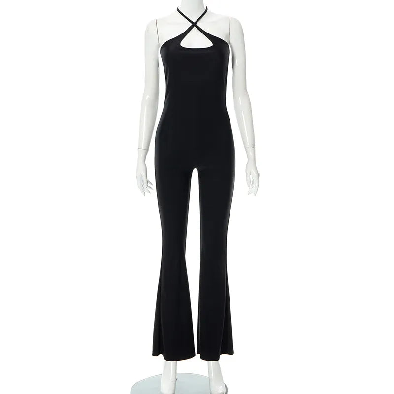 Neck Mounted Sexy Black Jumpsuits For Women Sleeveless Low Cut Elegant One Piece Outfit Slight Flared Pants Jump Suit Overall