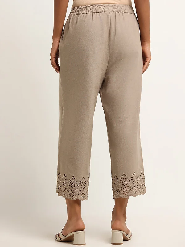 Utsa Taupe Crochet Detailed Blended Linen Palazzos