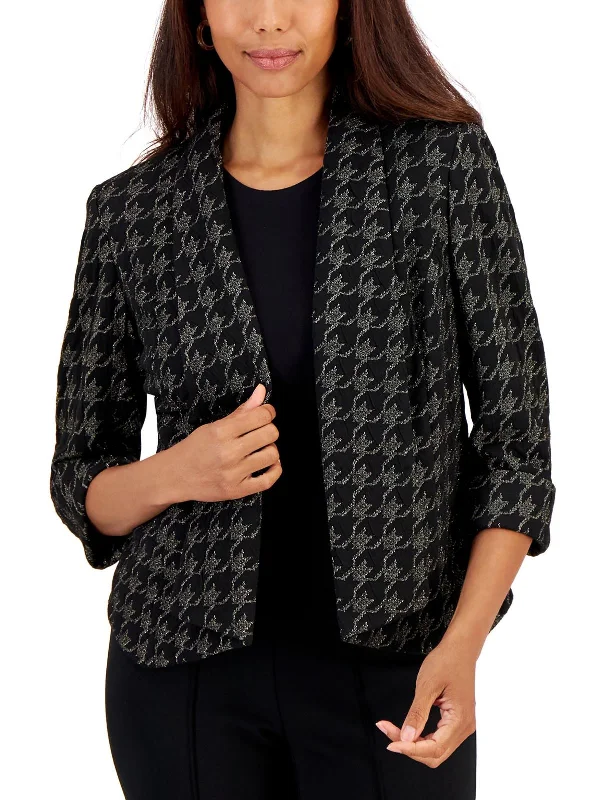 Womens Metallic Houndstooth Open-Front Blazer