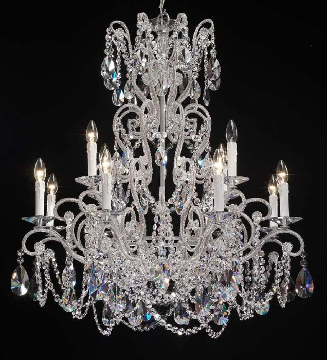 Chandeliers with Adjustable Arms for Directional Lighting12 Light Silver Chandelier With Crystal Glass Pendants