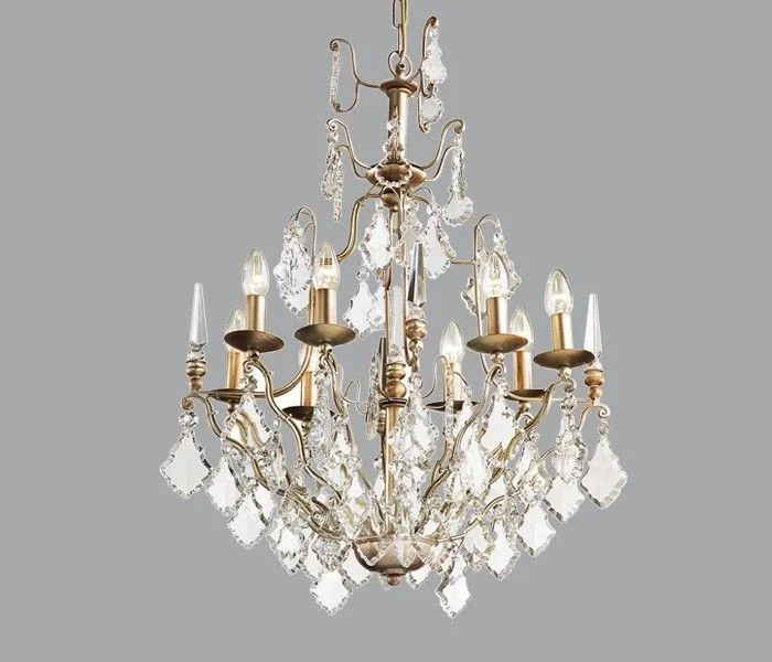 French Country Chandeliers with a Romantic AuraChandelier With Suspended Premium Elements In Gold Metal French Country Chandeliers with a Romantic AuraChandelier With Suspended Premium Elements In Gold Metal