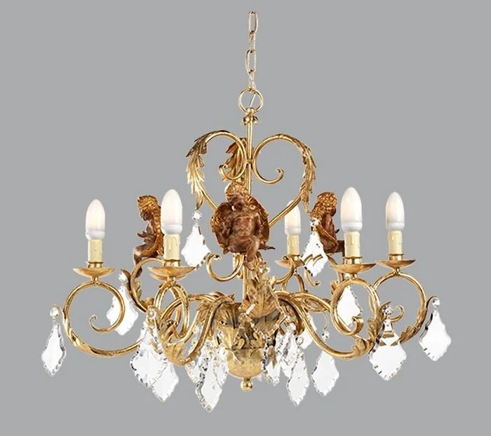 Chandeliers with Murano Glass for a High - End Artistic TouchGold Metal Chandelier With Wooden Angel & Premium Elements Chandeliers with Murano Glass for a High - End Artistic TouchGold Metal Chandelier With Wooden Angel & Premium Elements
