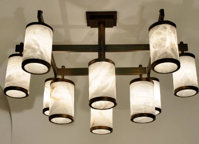 Chandeliers with Metal Frames in Copper FinishLarge Brass Chandelier With White Alabaster Cylindrical Diffusers Chandeliers with Metal Frames in Copper FinishLarge Brass Chandelier With White Alabaster Cylindrical Diffusers