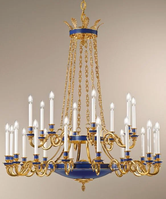 Mid - Century Modern Chandeliers for Vintage AppealTiered Chandelier In Gold With Blue Detailing