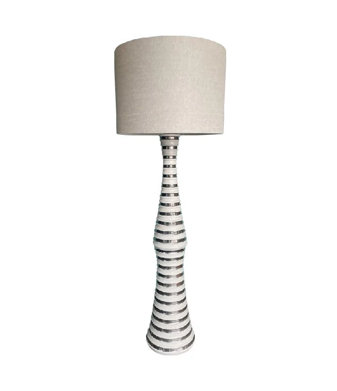 Dimmable Floor Lamp for Adjustable Lighting AmbianceA large 1970s Italian white and silver ceramic floor lamp with natural linen shade Dimmable Floor Lamp for Adjustable Lighting AmbianceA large 1970s Italian white and silver ceramic floor lamp with natural linen shade