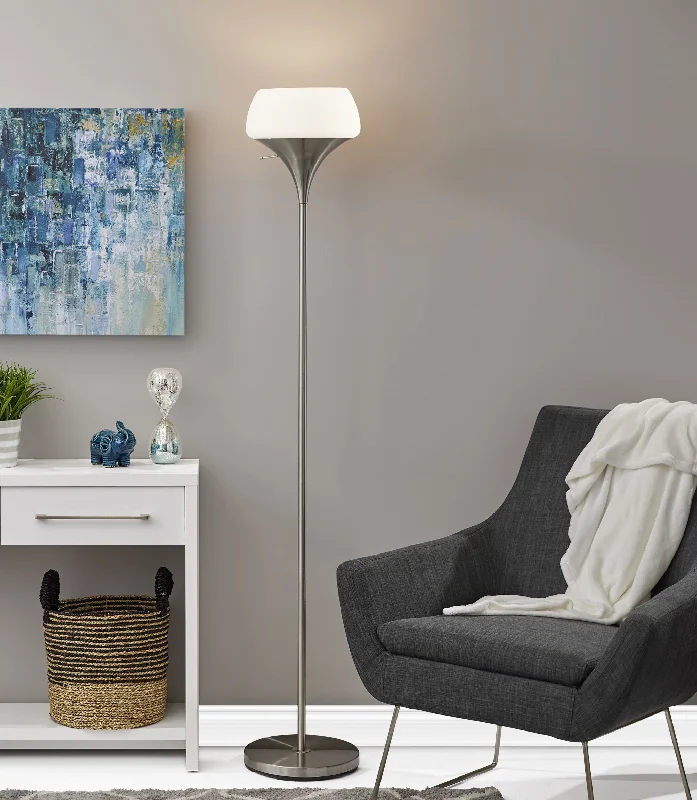 USB Charging Port Floor Lamp for Convenient Device ChargingChalice Mixed Material Torchiere With Black Metal Smoked Glass