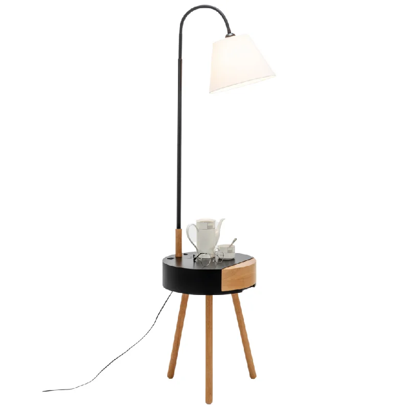 Wood Floor Lamp with Natural Grain for a Warm and Organic FeelFlorence Tripod Lamp Shelf Storage Drawer Bed Side Table Light w/ USB Charger