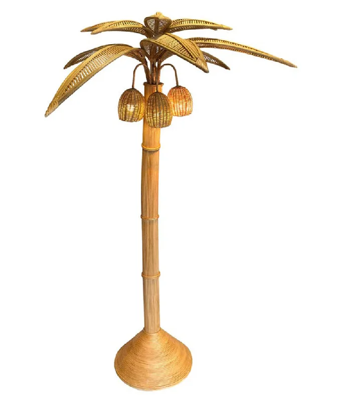 Wood Floor Lamp with Natural Grain for a Warm and Organic FeelLARGE RATTAN AND BAMBOO PALM TREE FLOOR LIGHT, WITH THREE BULBS IN THE COCONUTS