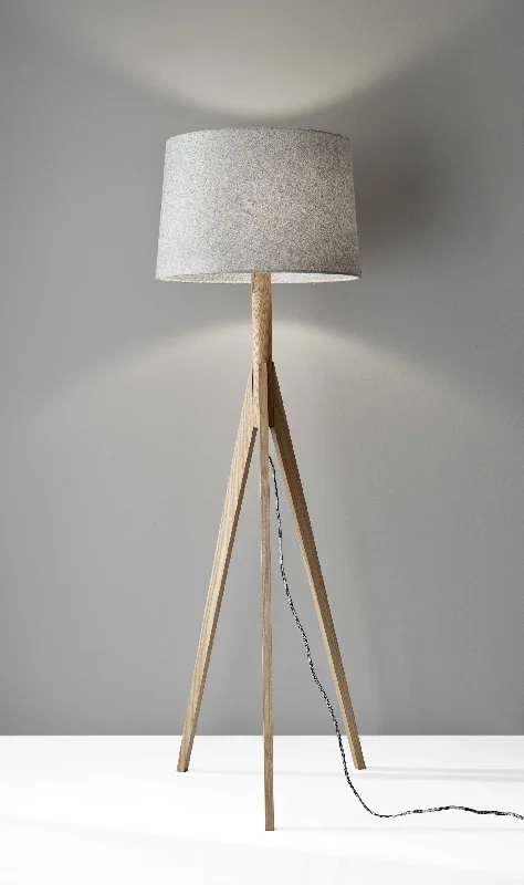  Way Switch Floor Lamp for Multiple Light Intensity LevelsNatural Wood Floor Lamp with Tripod Base and Grey Felt Tapered Drum Shade By Homeroots