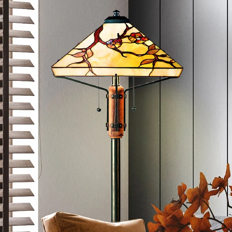 Wood Floor Lamp with Natural Grain for a Warm and Organic FeelUQL7131 Helston Tiffany Floor Lamp with Natural Style, 61''H x 17''W, Natural Wood and Stained Glass Wood Floor Lamp with Natural Grain for a Warm and Organic FeelUQL7131 Helston Tiffany Floor Lamp with Natural Style, 61''H x 17''W, Natural Wood and Stained Glass