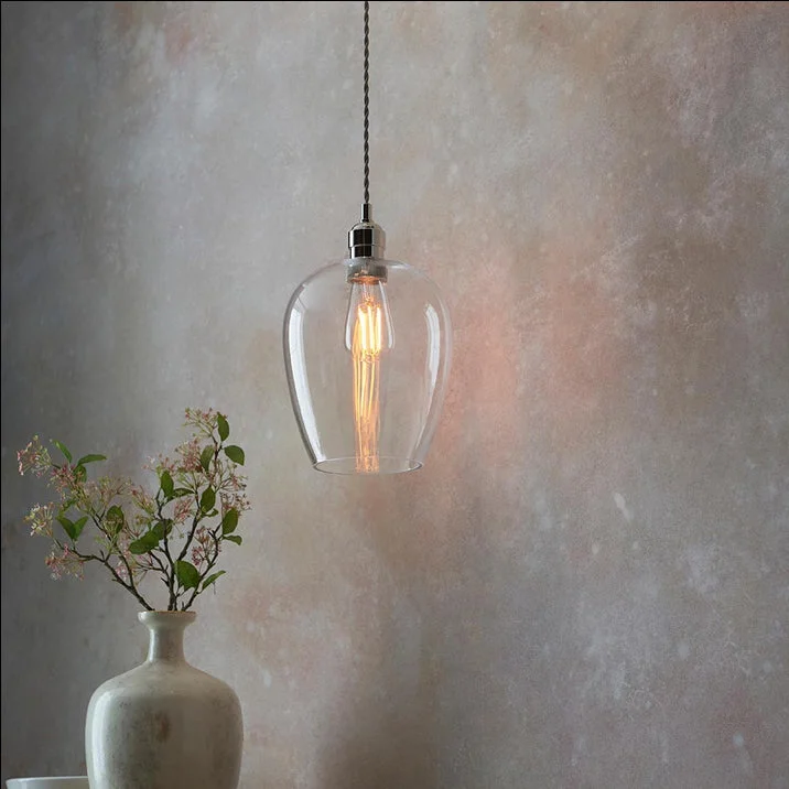 Gothic Ceiling Lights with Dark Metalwork and Pointed ArchesNickel & Clear Glass Tall Pendant 47 cm