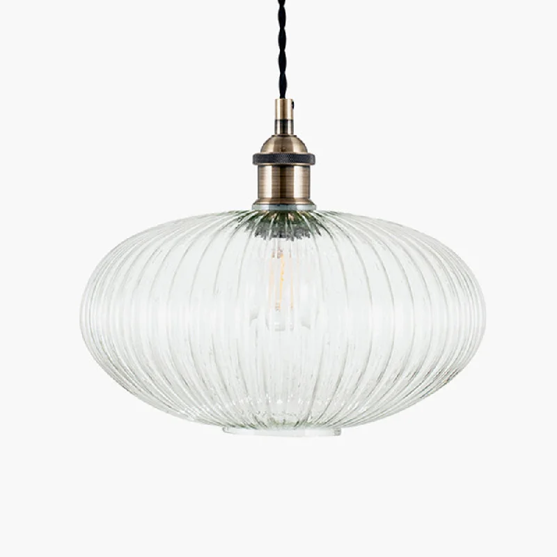 Rustic Ceiling Lights with Reclaimed Wood and Distressed FinishesOval Ribbed Glass & Brass Pendant W: 30 cm Rustic Ceiling Lights with Reclaimed Wood and Distressed FinishesOval Ribbed Glass & Brass Pendant W: 30 cm